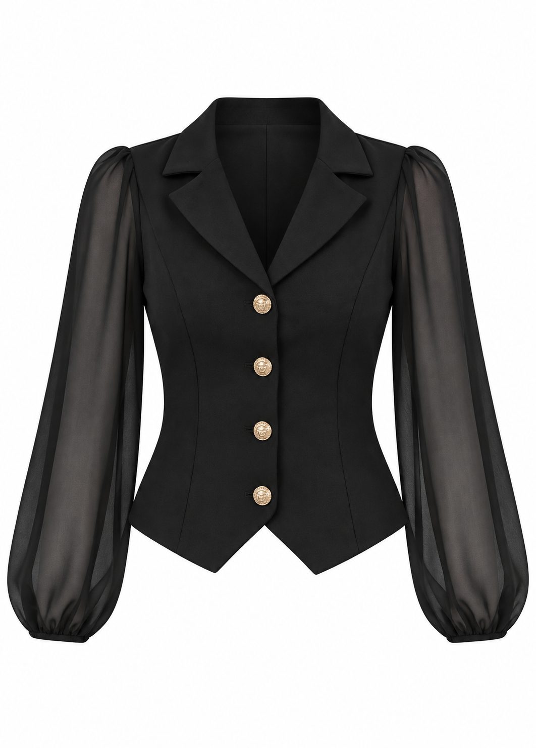 The Vienne Blazer Top — black, sheer sleeves, gold buttons